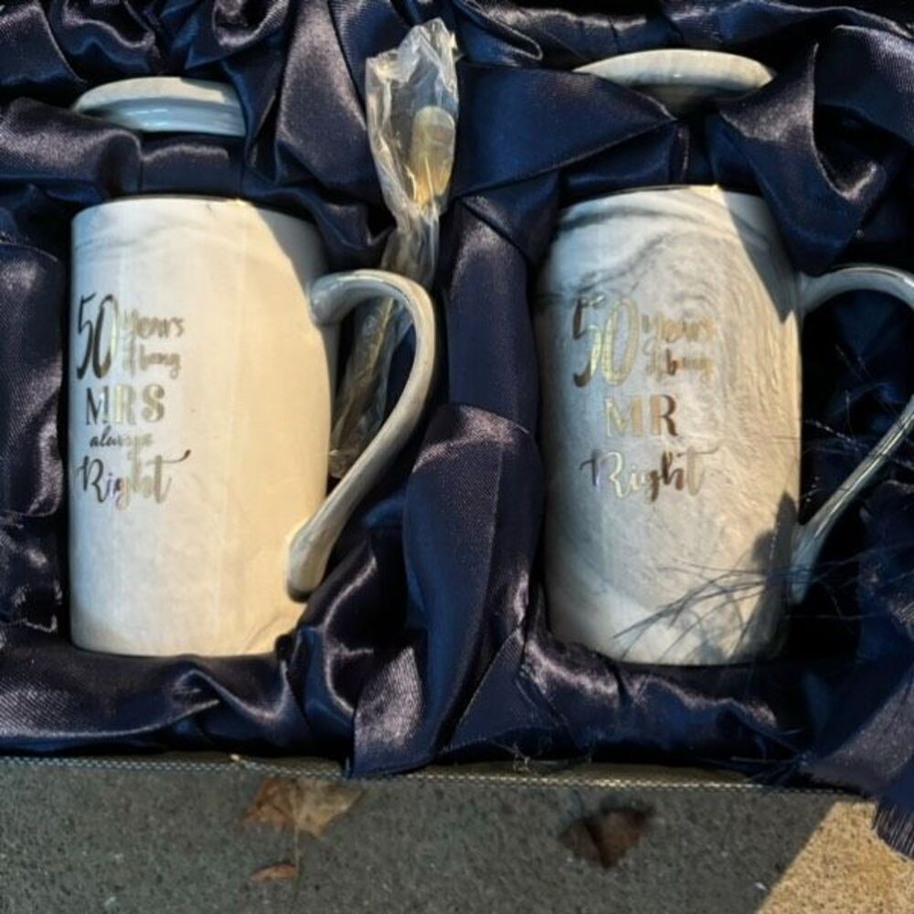 50th Wedding Anniversary Mrs. & Mr. Right Ceramic Mugs With Lids